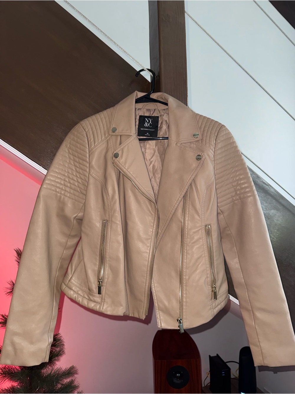 New York & Company Beige Faux Leather Moto Jacket